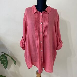 J. Jill Blouse Women’s XL 100% Linen Roll Tab Sleeve Button pin tuck Front Coral